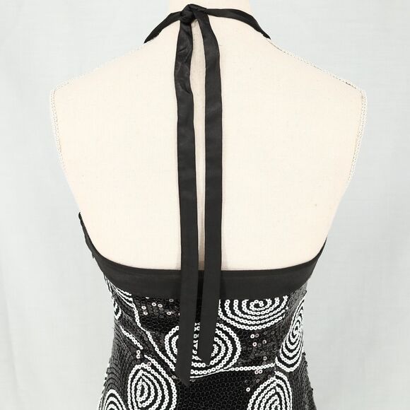 Cache Dress Womens 2 Black White Sequin Halter Fitted Short Ruched Hem Zip New - Picture 9 of 16